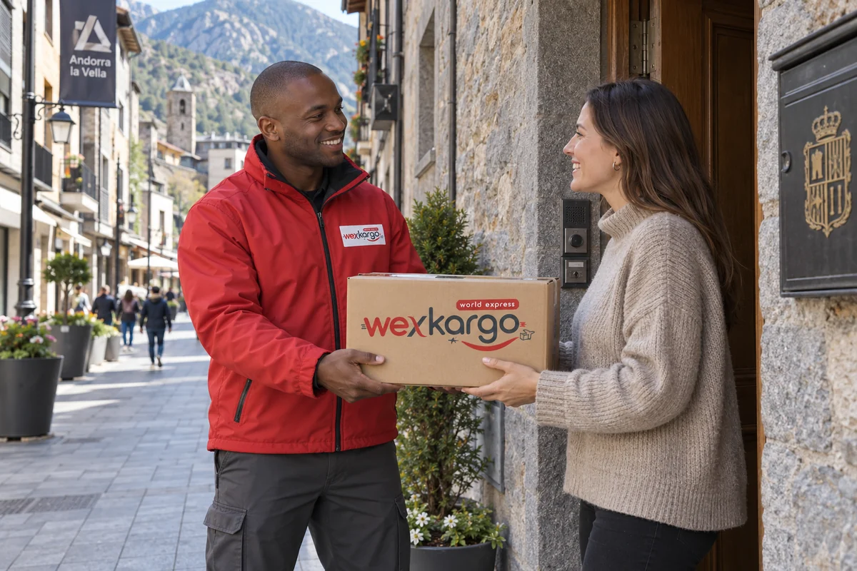 Andorra sokaklarında wexKargo kuryesinin alıcıya koli teslim ettiği teslimat sahnesi