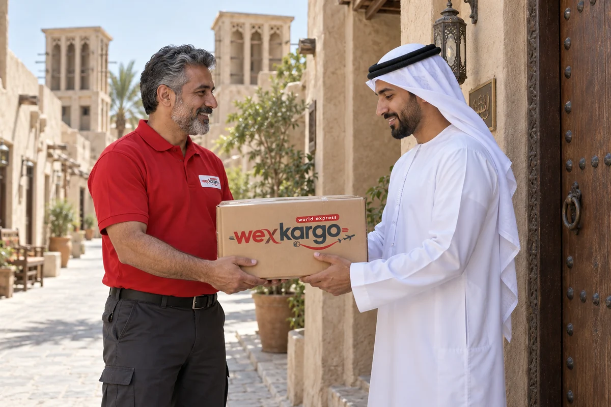 Dubai - Birleşik Arap Emirlikleri sokaklarında wexKargo kuryesinin alıcıya koli teslim ettiği teslimat sahnesi