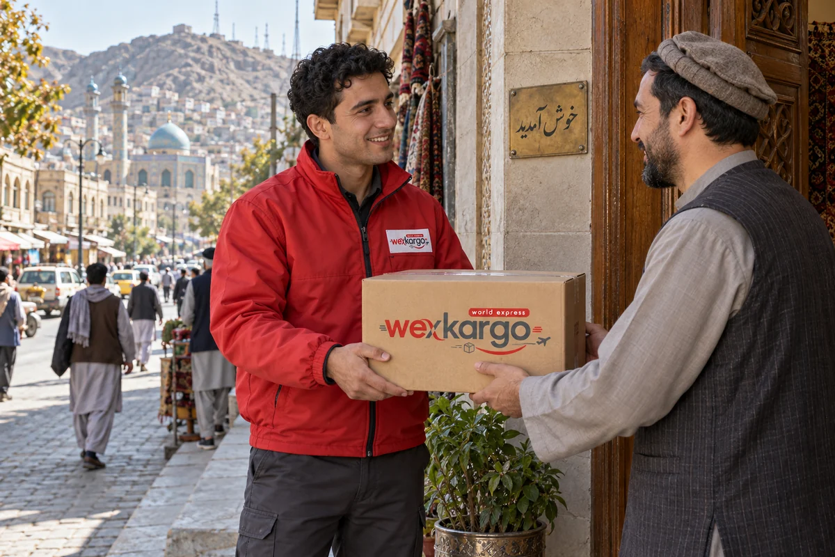 Afganistan sokaklarında wexKargo kuryesinin alıcıya koli teslim ettiği teslimat sahnesi