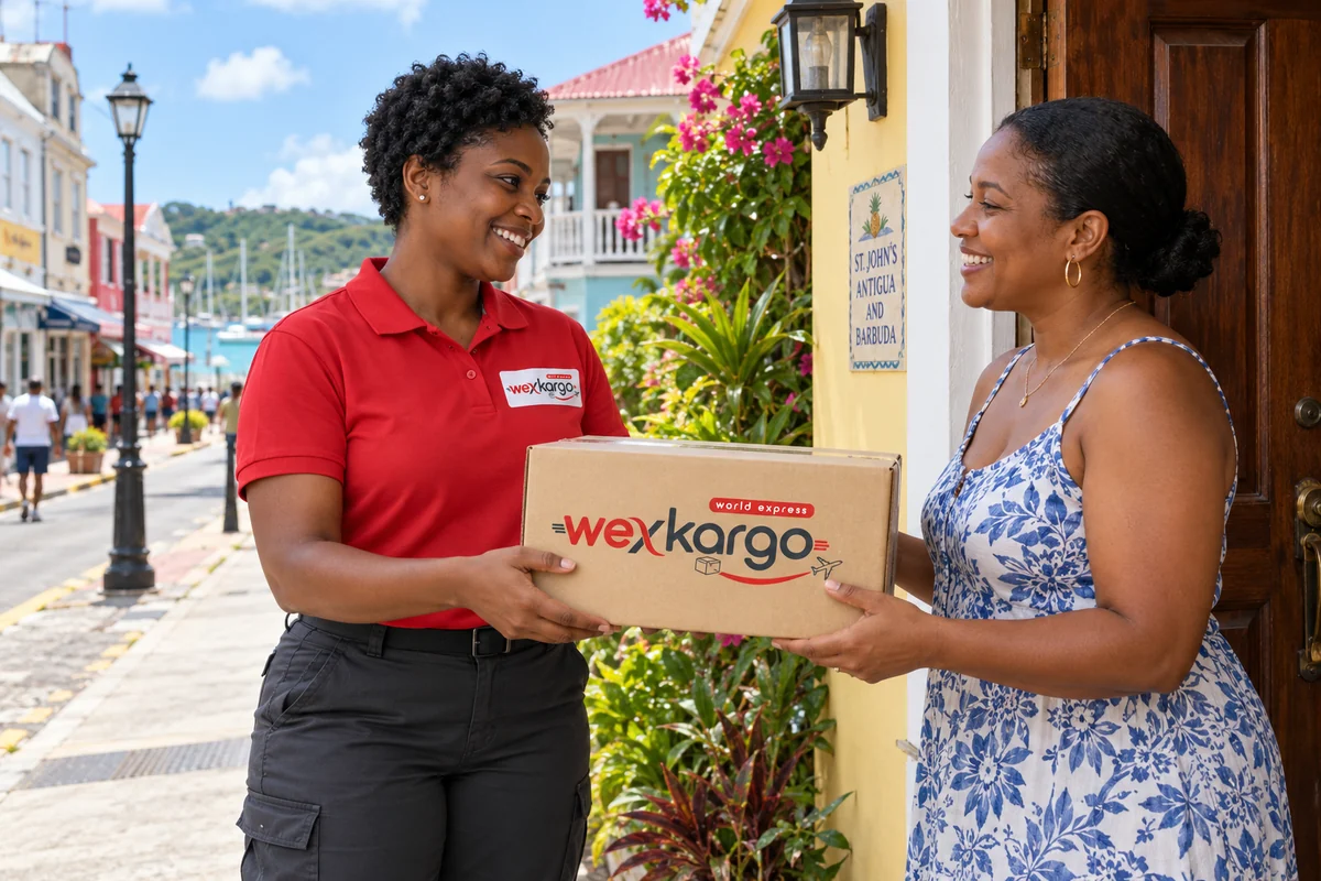 Antigua ve Barbuda sokaklarında wexKargo kuryesinin alıcıya koli teslim ettiği teslimat sahnesi