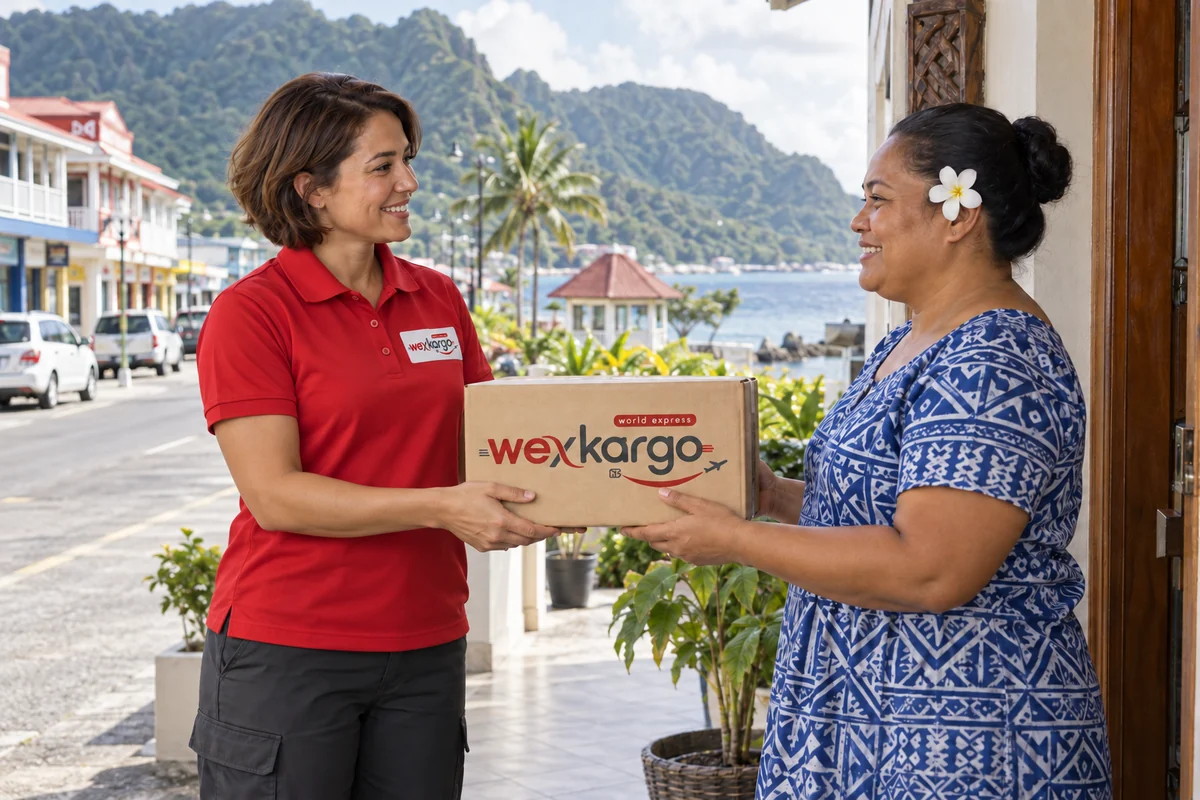Amerikan Samoa sokaklarında wexKargo kuryesinin alıcıya koli teslim ettiği teslimat sahnesi