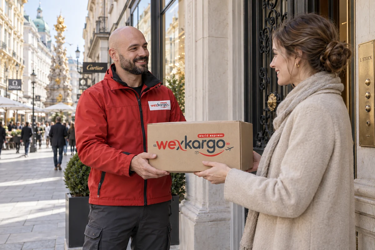 Avusturya sokaklarında wexKargo kuryesinin alıcıya koli teslim ettiği teslimat sahnesi