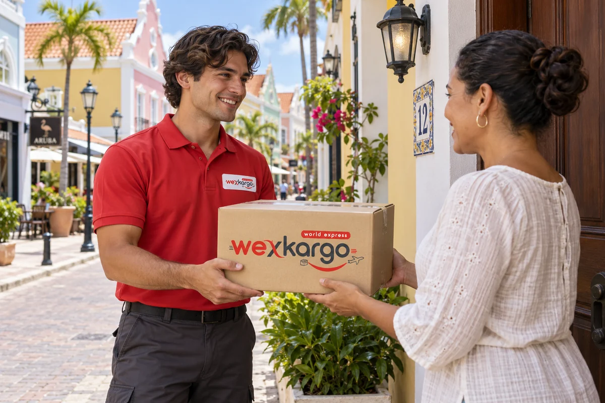 Aruba sokaklarında wexKargo kuryesinin alıcıya koli teslim ettiği teslimat sahnesi