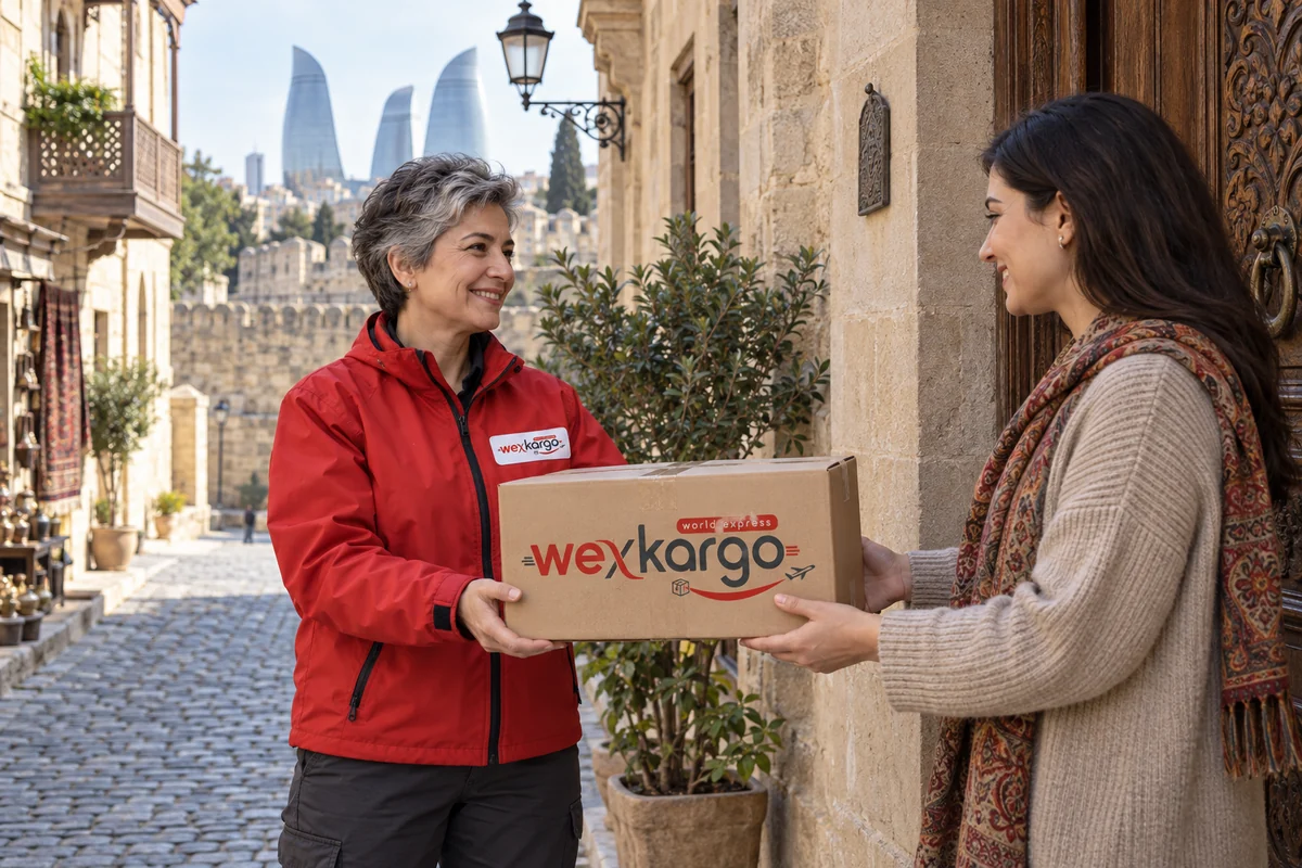 Azerbaycan sokaklarında wexKargo kuryesinin alıcıya koli teslim ettiği teslimat sahnesi