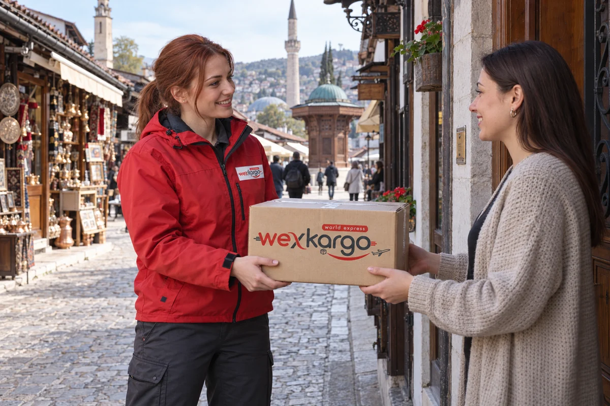 Курьер wexKargo передаёт посылку получателю на улице; страна — Босния и Герцеговина