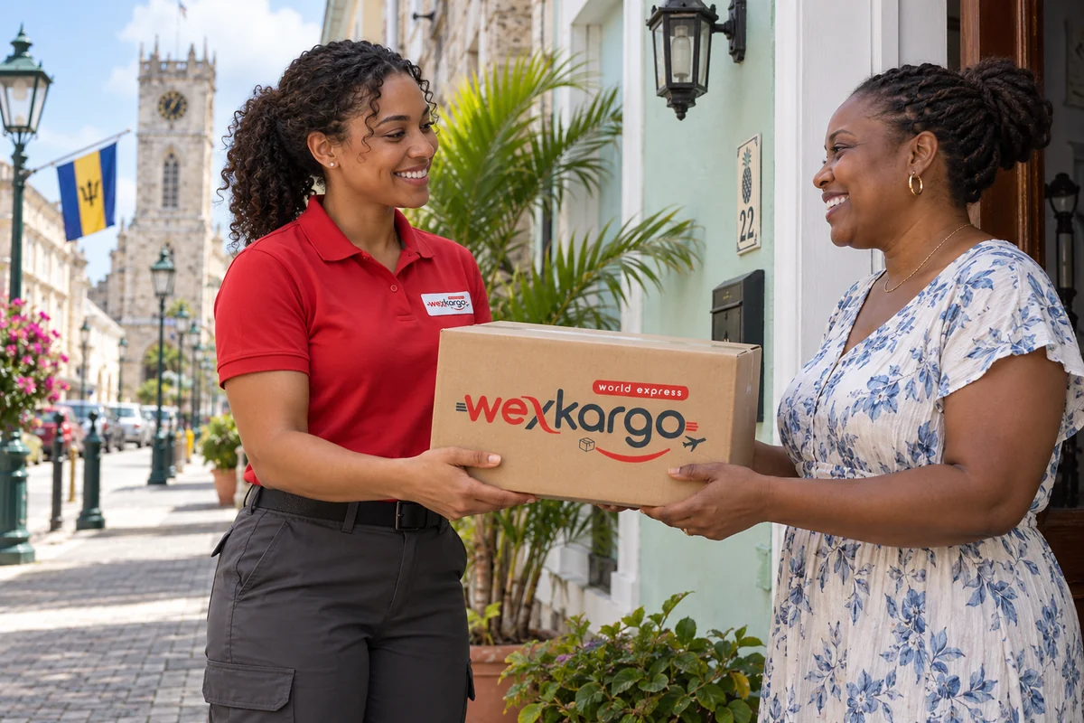Barbados sokaklarında wexKargo kuryesinin alıcıya koli teslim ettiği teslimat sahnesi