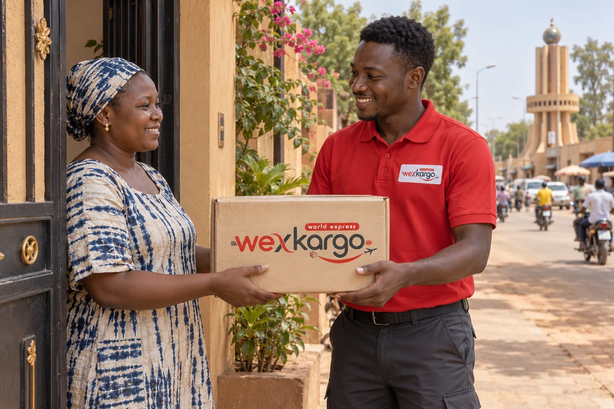 Burkina Faso sokaklarında wexKargo kuryesinin alıcıya koli teslim ettiği teslimat sahnesi