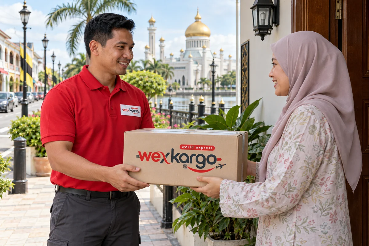 Brunei sokaklarında wexKargo kuryesinin alıcıya koli teslim ettiği teslimat sahnesi