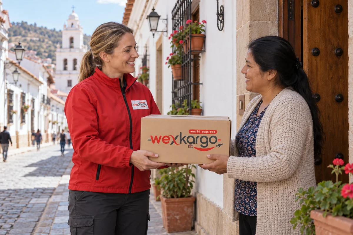 Bolivya sokaklarında wexKargo kuryesinin alıcıya koli teslim ettiği teslimat sahnesi