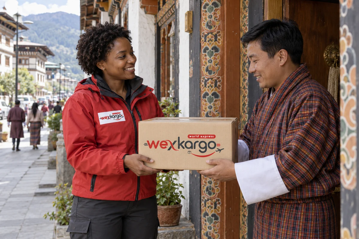 Bhutan sokaklarında wexKargo kuryesinin alıcıya koli teslim ettiği teslimat sahnesi