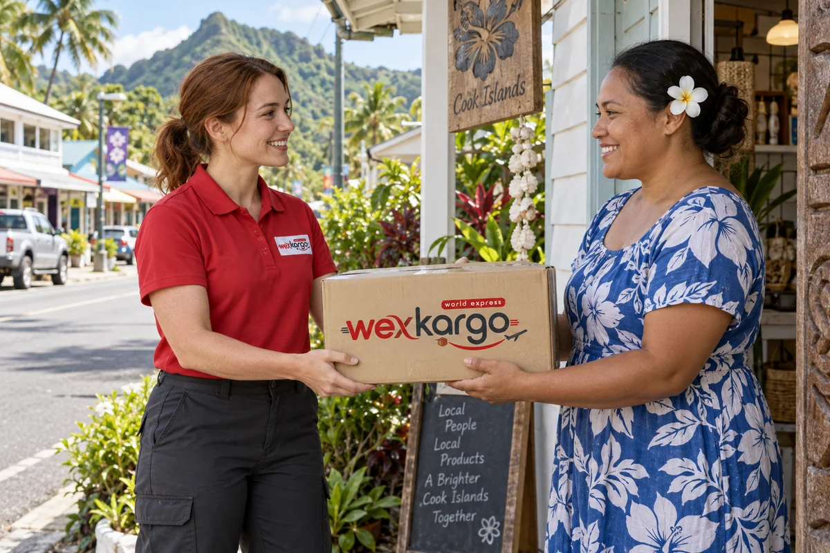 wexKargo快递员在库克群岛街道上将包裹交给收件人