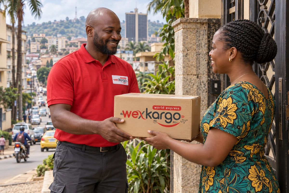 Kamerun sokaklarında wexKargo kuryesinin alıcıya koli teslim ettiği teslimat sahnesi