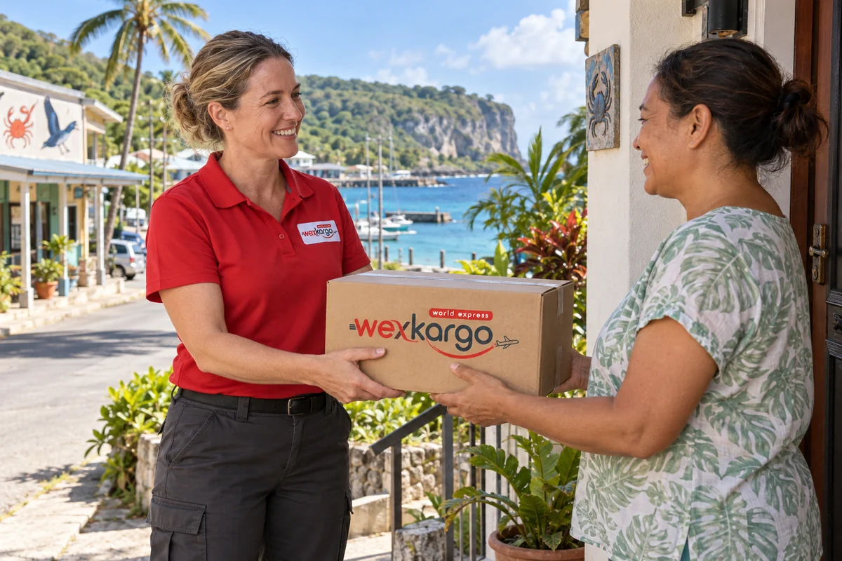 Christmas Adası sokaklarında wexKargo kuryesinin alıcıya koli teslim ettiği teslimat sahnesi