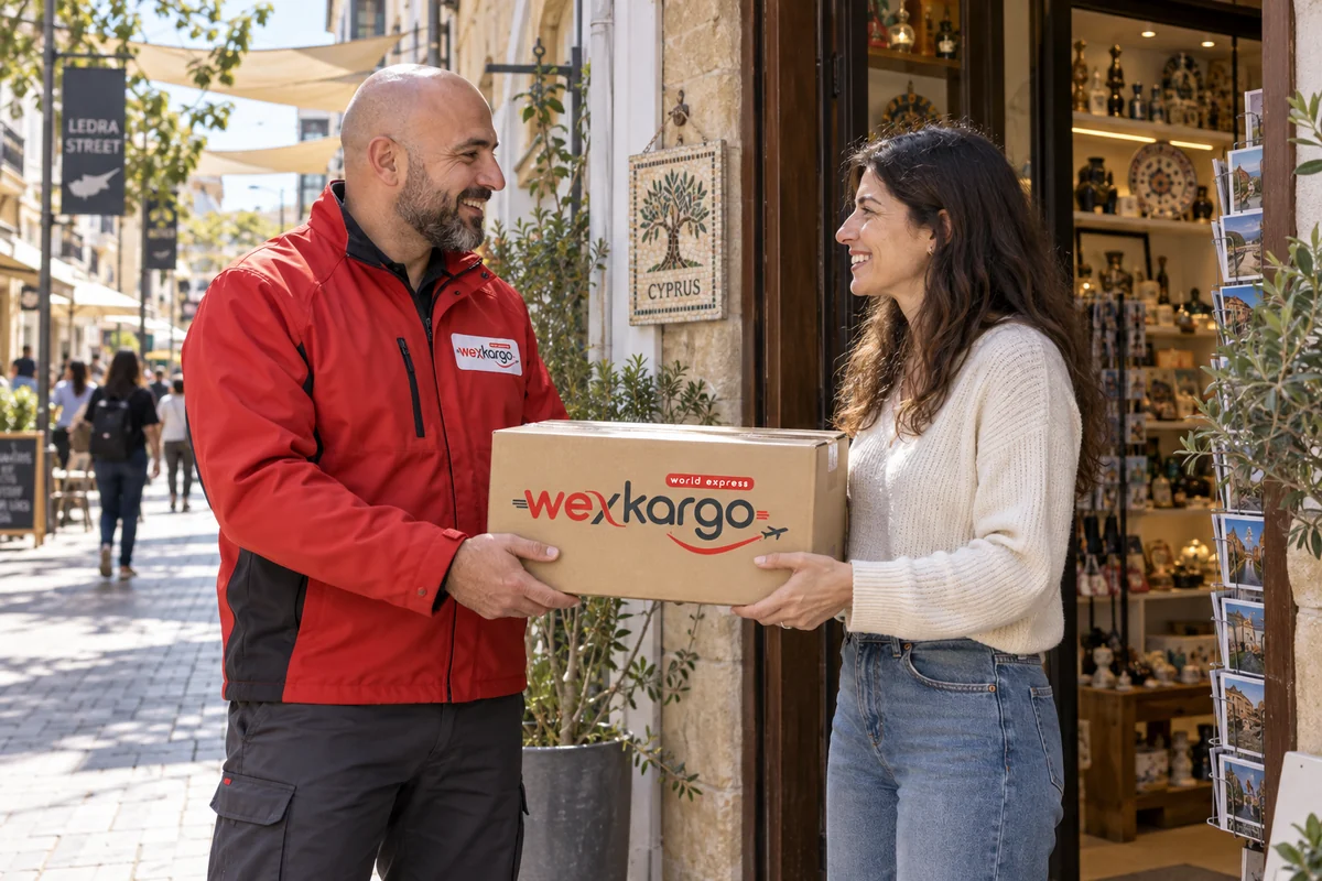 Güney Kıbrıs Rum Yönetimi sokaklarında wexKargo kuryesinin alıcıya koli teslim ettiği teslimat sahnesi