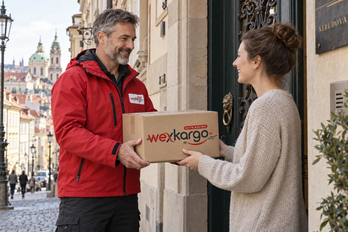 Çek Cumhuriyeti sokaklarında wexKargo kuryesinin alıcıya koli teslim ettiği teslimat sahnesi