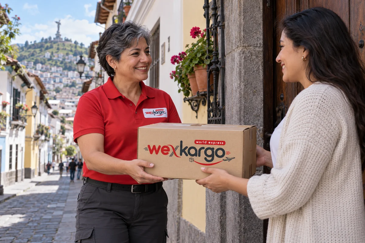 Курьер wexKargo передаёт посылку получателю на улице; страна — Эквадор
