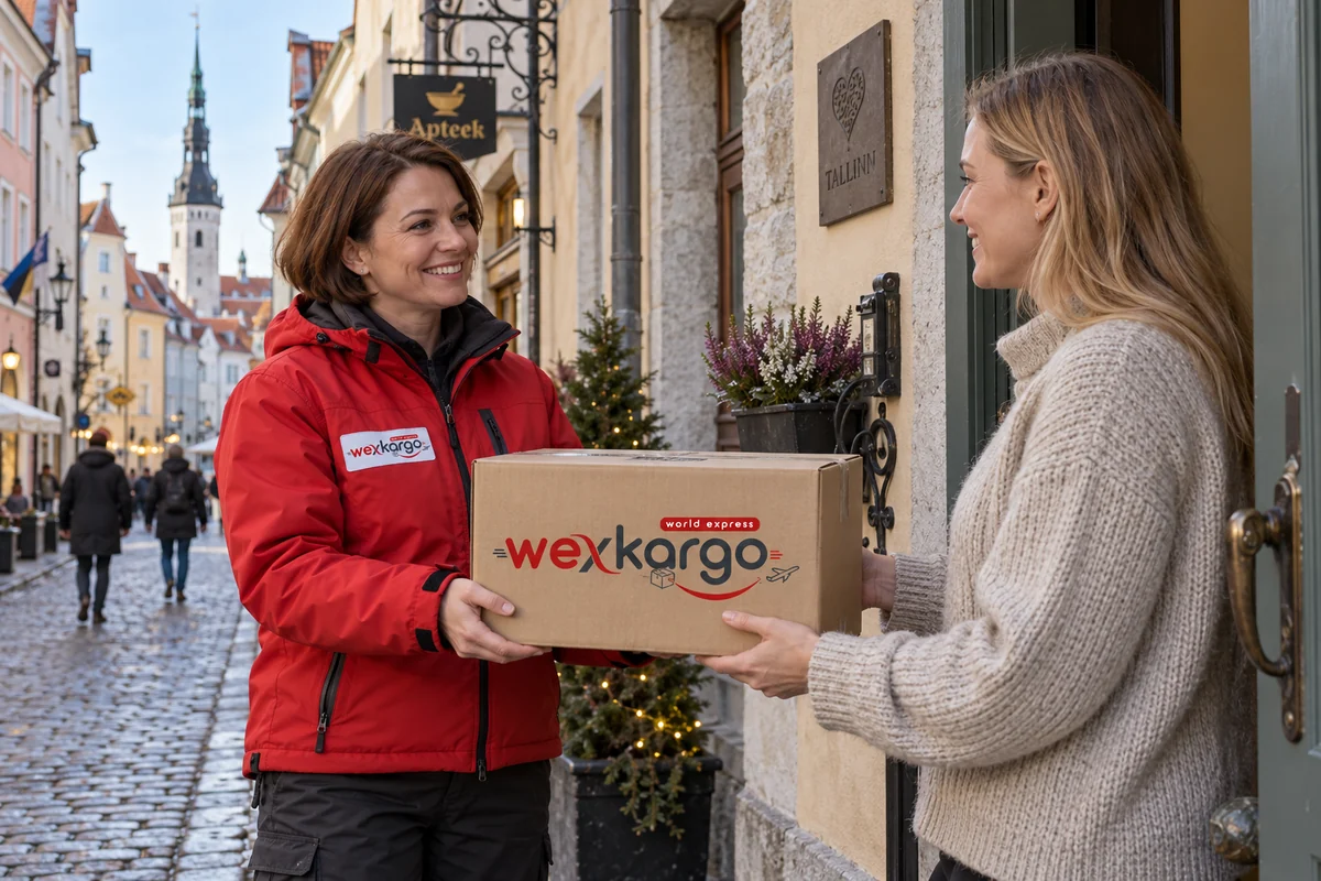 Estonya sokaklarında wexKargo kuryesinin alıcıya koli teslim ettiği teslimat sahnesi