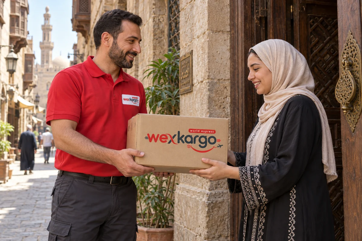 Mısır sokaklarında wexKargo kuryesinin alıcıya koli teslim ettiği teslimat sahnesi