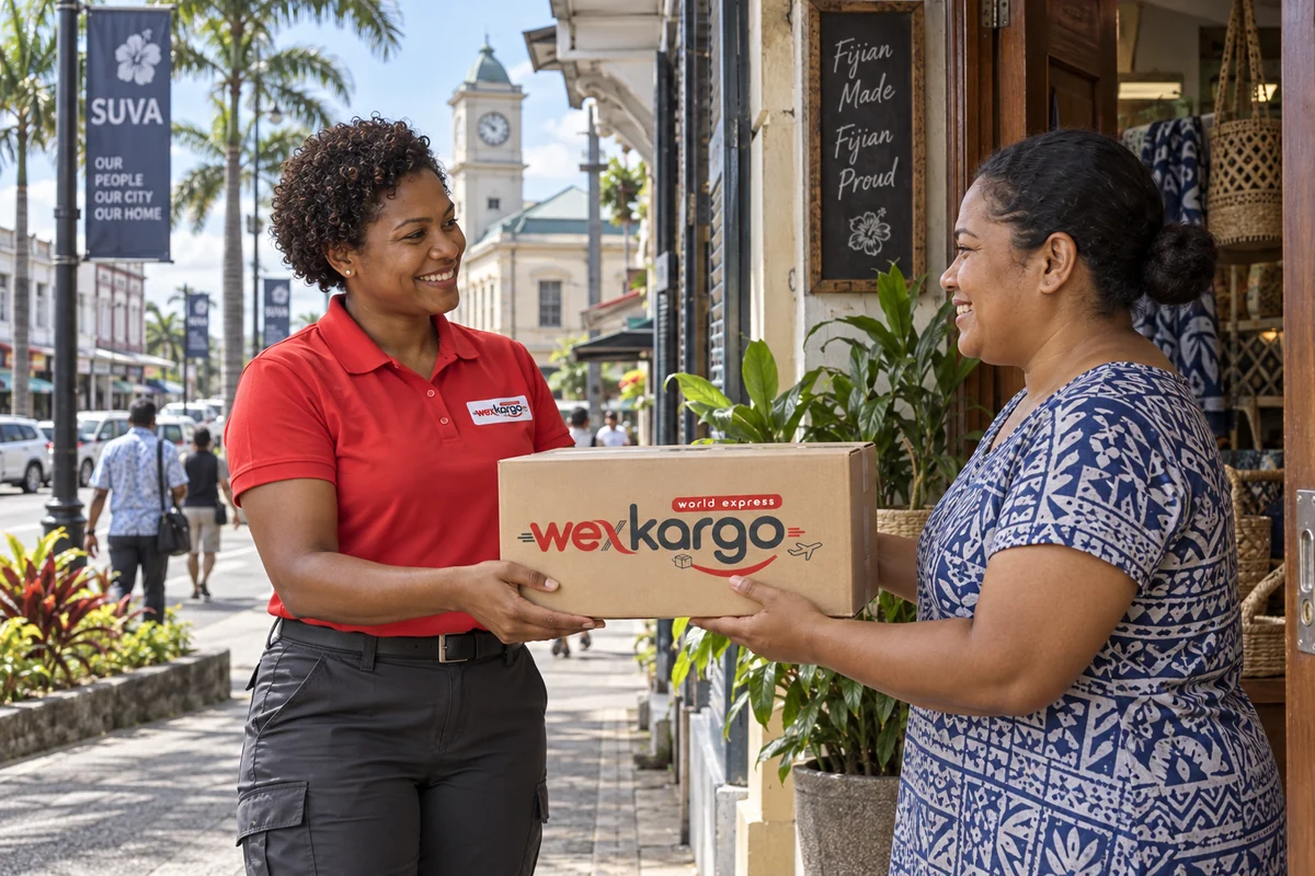 Un mensajero de wexKargo entrega un paquete a su destinatario en una calle de Fiyi