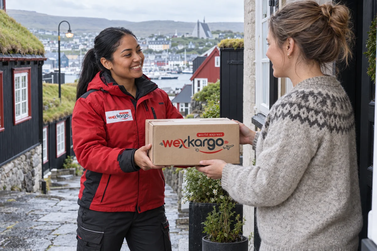Faroe Adaları sokaklarında wexKargo kuryesinin alıcıya koli teslim ettiği teslimat sahnesi