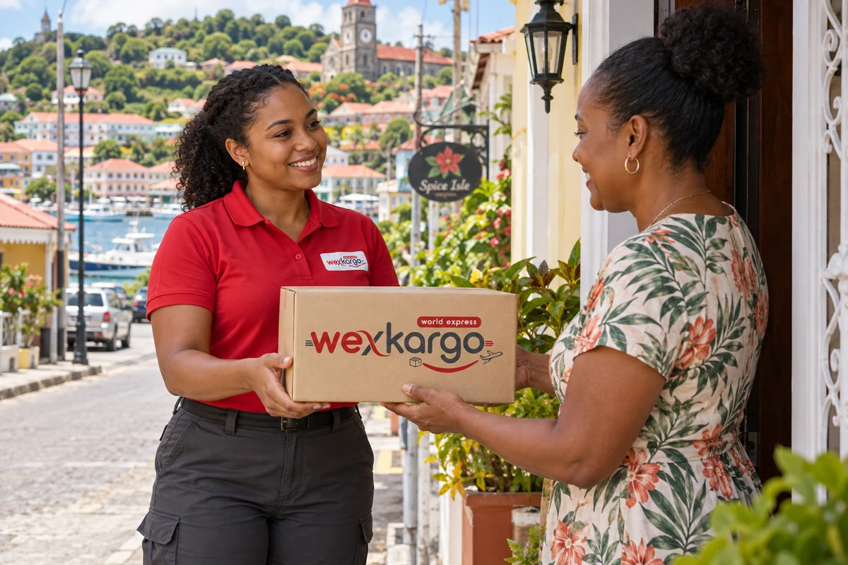 Grenada sokaklarında wexKargo kuryesinin alıcıya koli teslim ettiği teslimat sahnesi