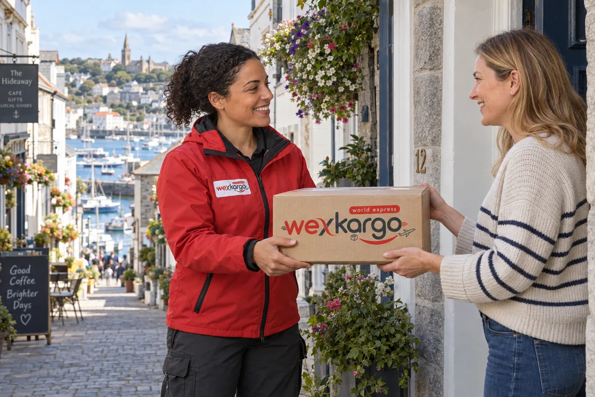 Guernsey sokaklarında wexKargo kuryesinin alıcıya koli teslim ettiği teslimat sahnesi