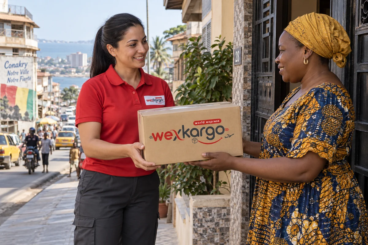 Gine sokaklarında wexKargo kuryesinin alıcıya koli teslim ettiği teslimat sahnesi