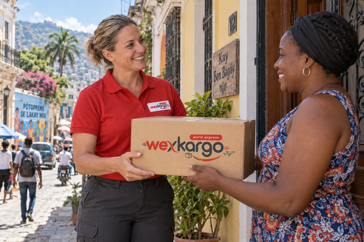 Haiti sokaklarında wexKargo kuryesinin alıcıya koli teslim ettiği teslimat sahnesi