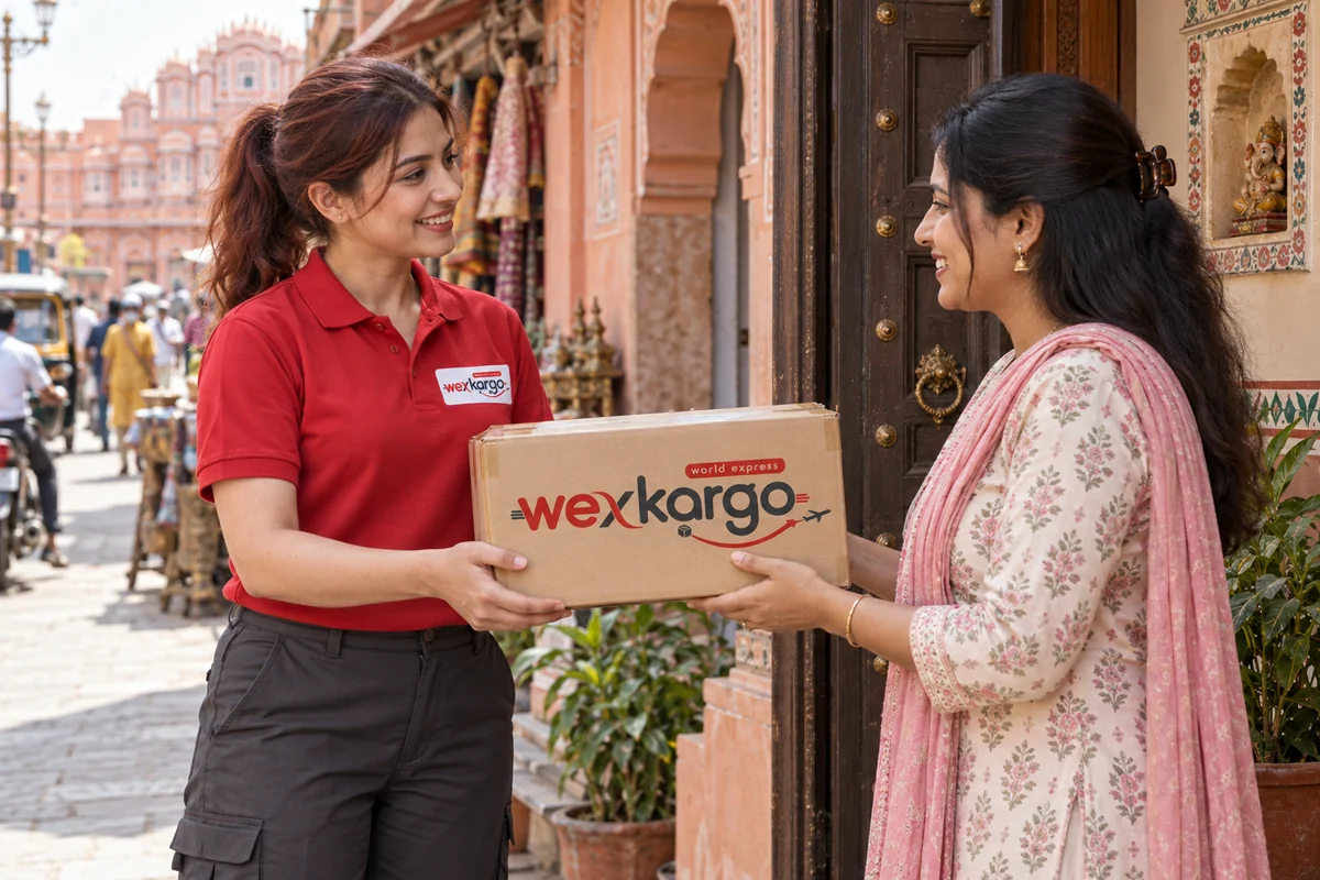 Hindistan sokaklarında wexKargo kuryesinin alıcıya koli teslim ettiği teslimat sahnesi