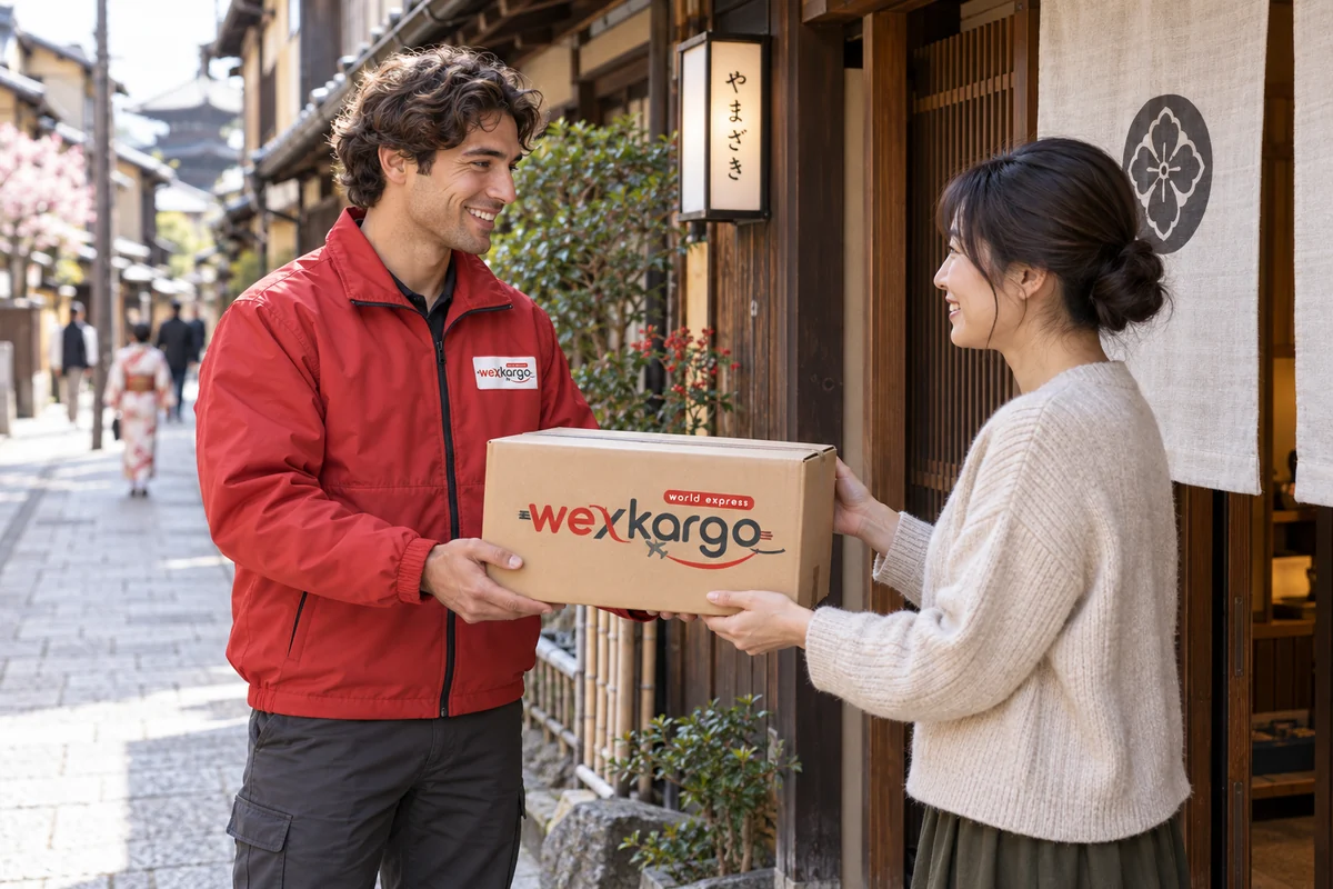 Japonya sokaklarında wexKargo kuryesinin alıcıya koli teslim ettiği teslimat sahnesi