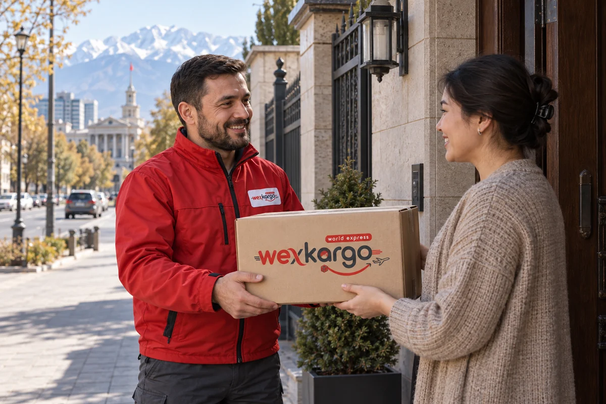 Kırgızistan sokaklarında wexKargo kuryesinin alıcıya koli teslim ettiği teslimat sahnesi