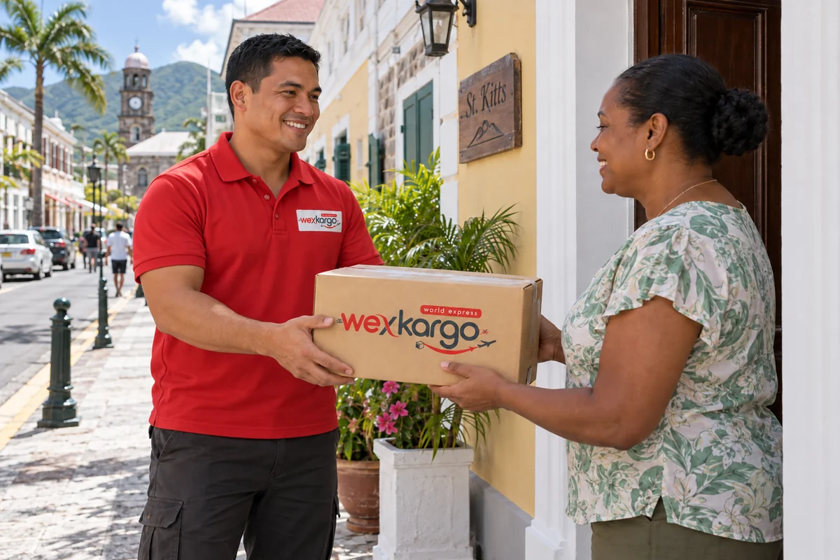 Saint Kitts ve Nevis sokaklarında wexKargo kuryesinin alıcıya koli teslim ettiği teslimat sahnesi