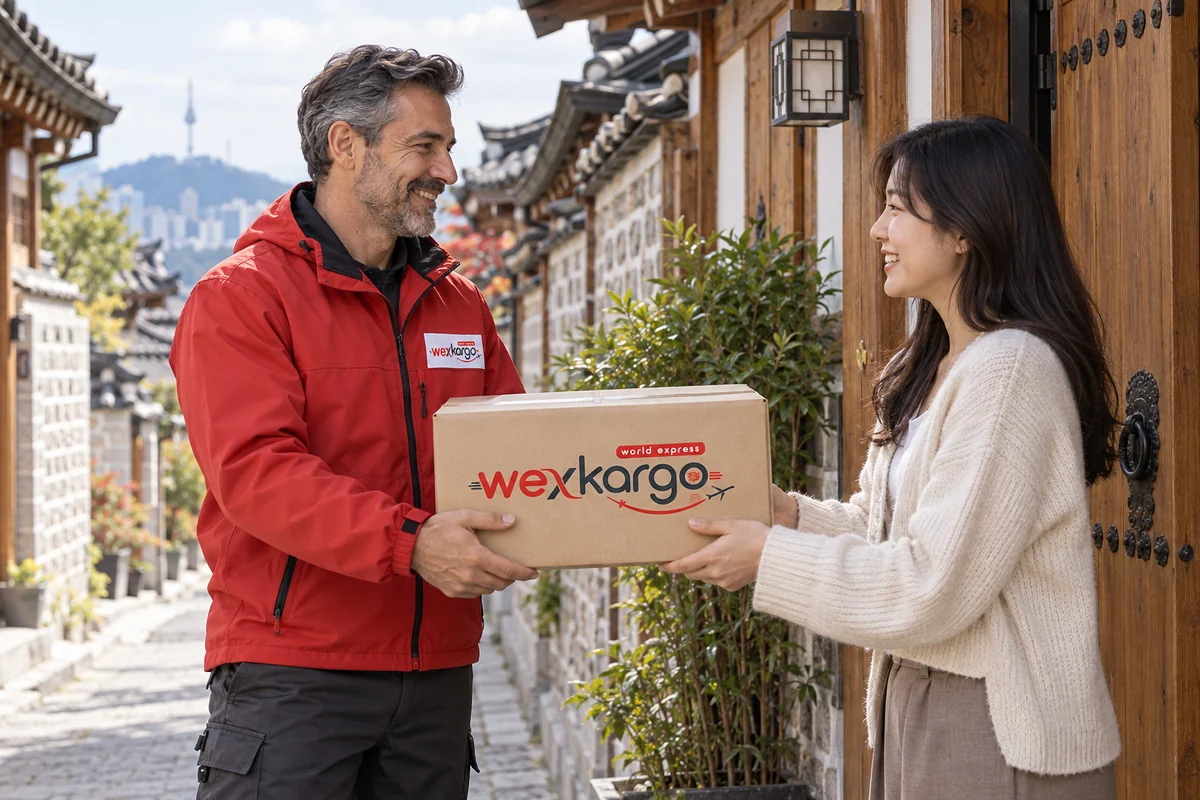Güney Kore sokaklarında wexKargo kuryesinin alıcıya koli teslim ettiği teslimat sahnesi