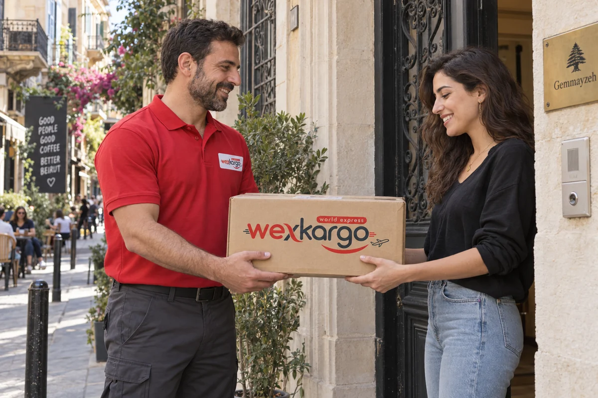 Lübnan sokaklarında wexKargo kuryesinin alıcıya koli teslim ettiği teslimat sahnesi