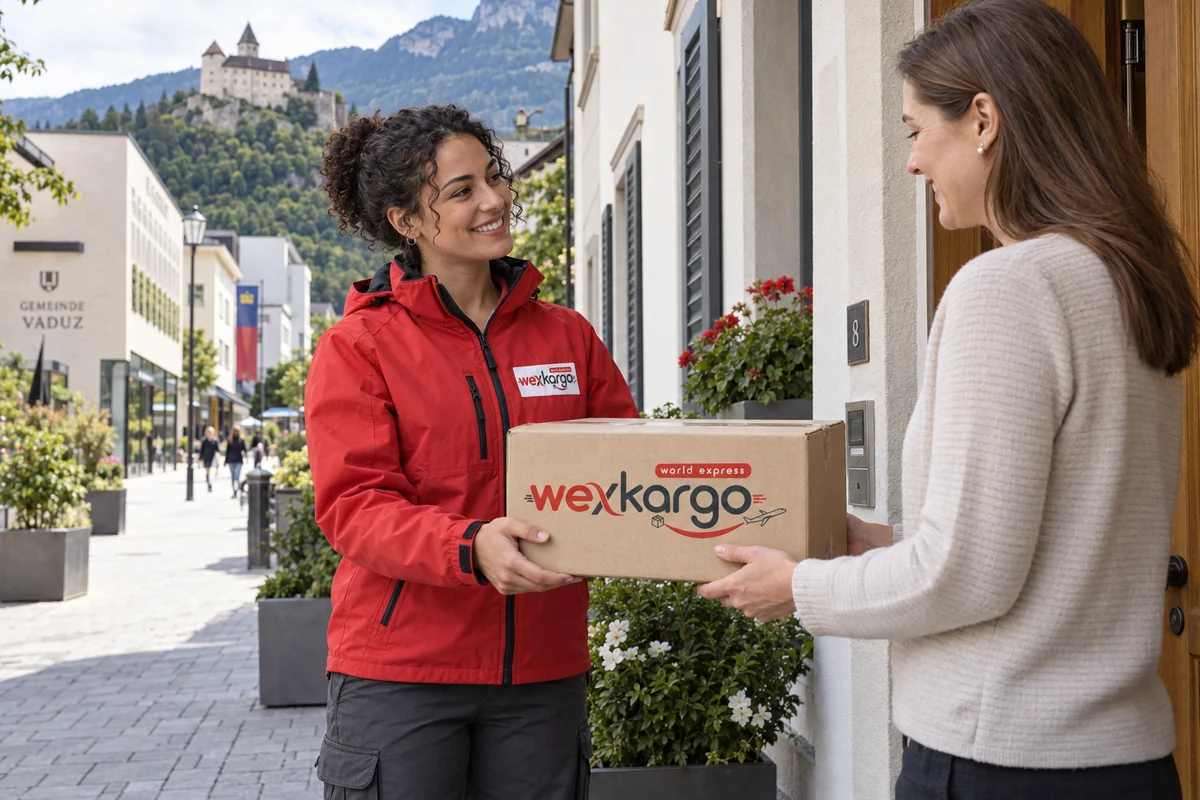 Liechtenstein sokaklarında wexKargo kuryesinin alıcıya koli teslim ettiği teslimat sahnesi
