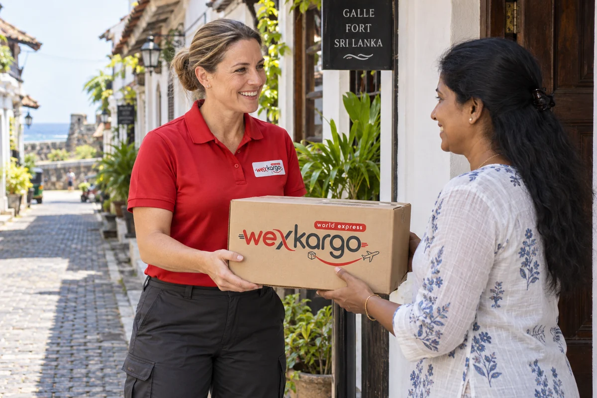 Sri Lanka sokaklarında wexKargo kuryesinin alıcıya koli teslim ettiği teslimat sahnesi