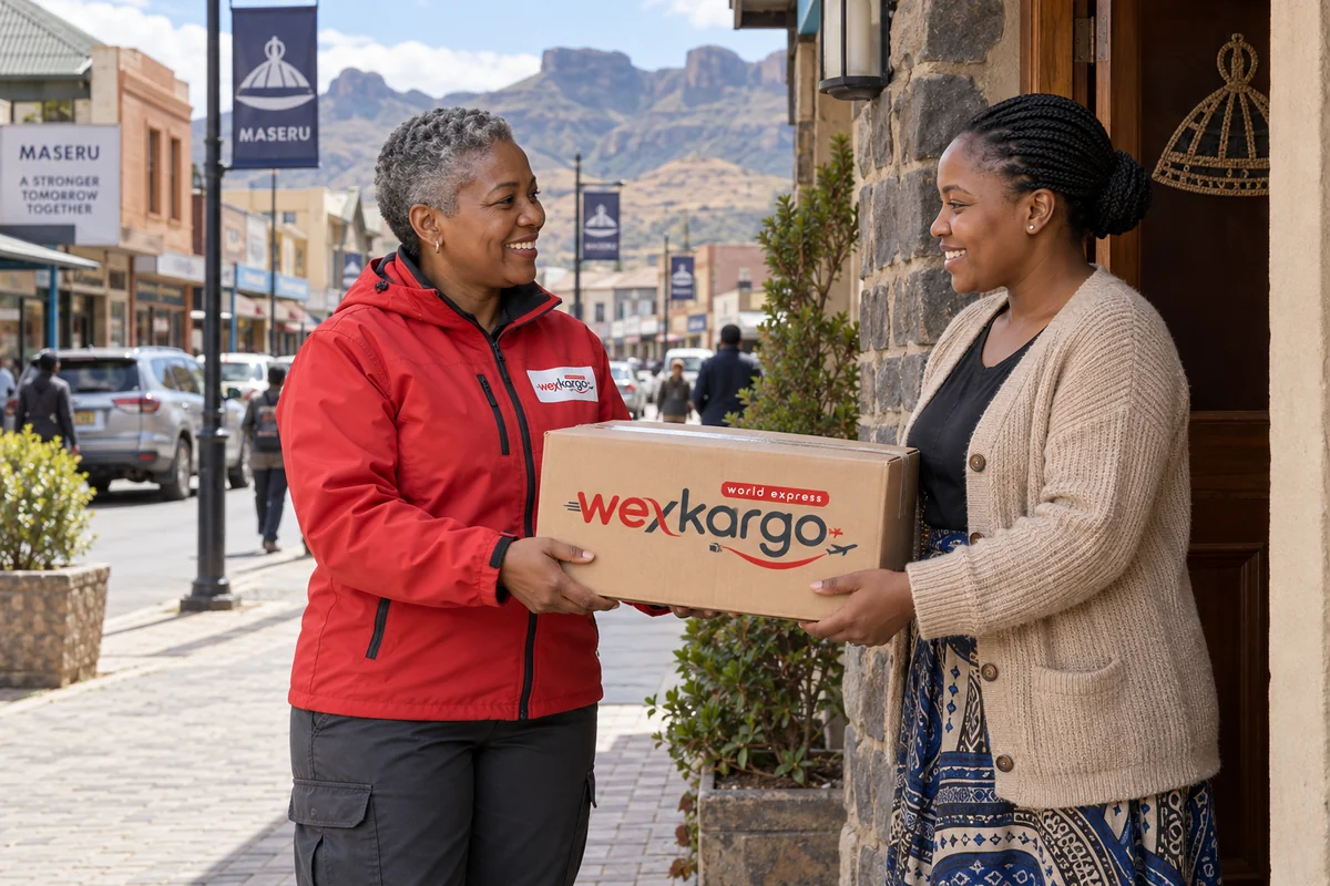 Lesotho sokaklarında wexKargo kuryesinin alıcıya koli teslim ettiği teslimat sahnesi
