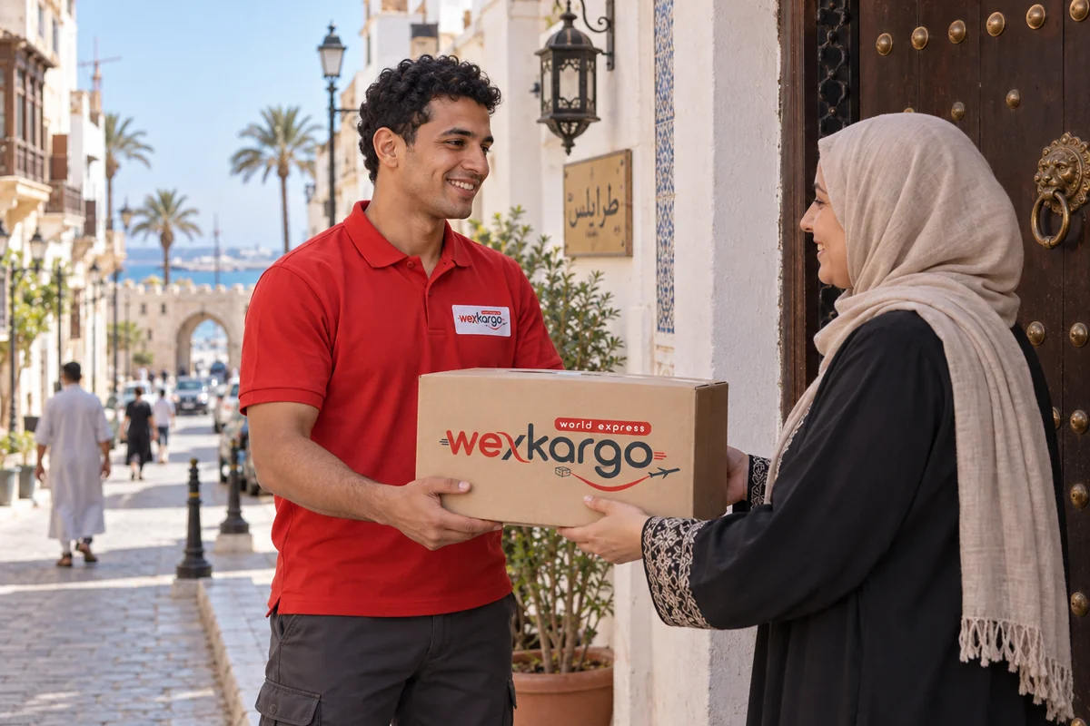 Libya sokaklarında wexKargo kuryesinin alıcıya koli teslim ettiği teslimat sahnesi