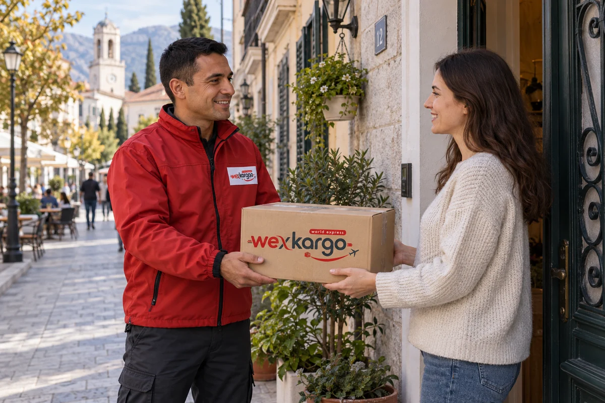 Karadağ sokaklarında wexKargo kuryesinin alıcıya koli teslim ettiği teslimat sahnesi