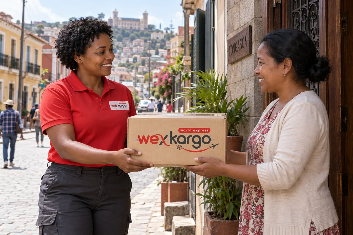 Madagaskar sokaklarında wexKargo kuryesinin alıcıya koli teslim ettiği teslimat sahnesi