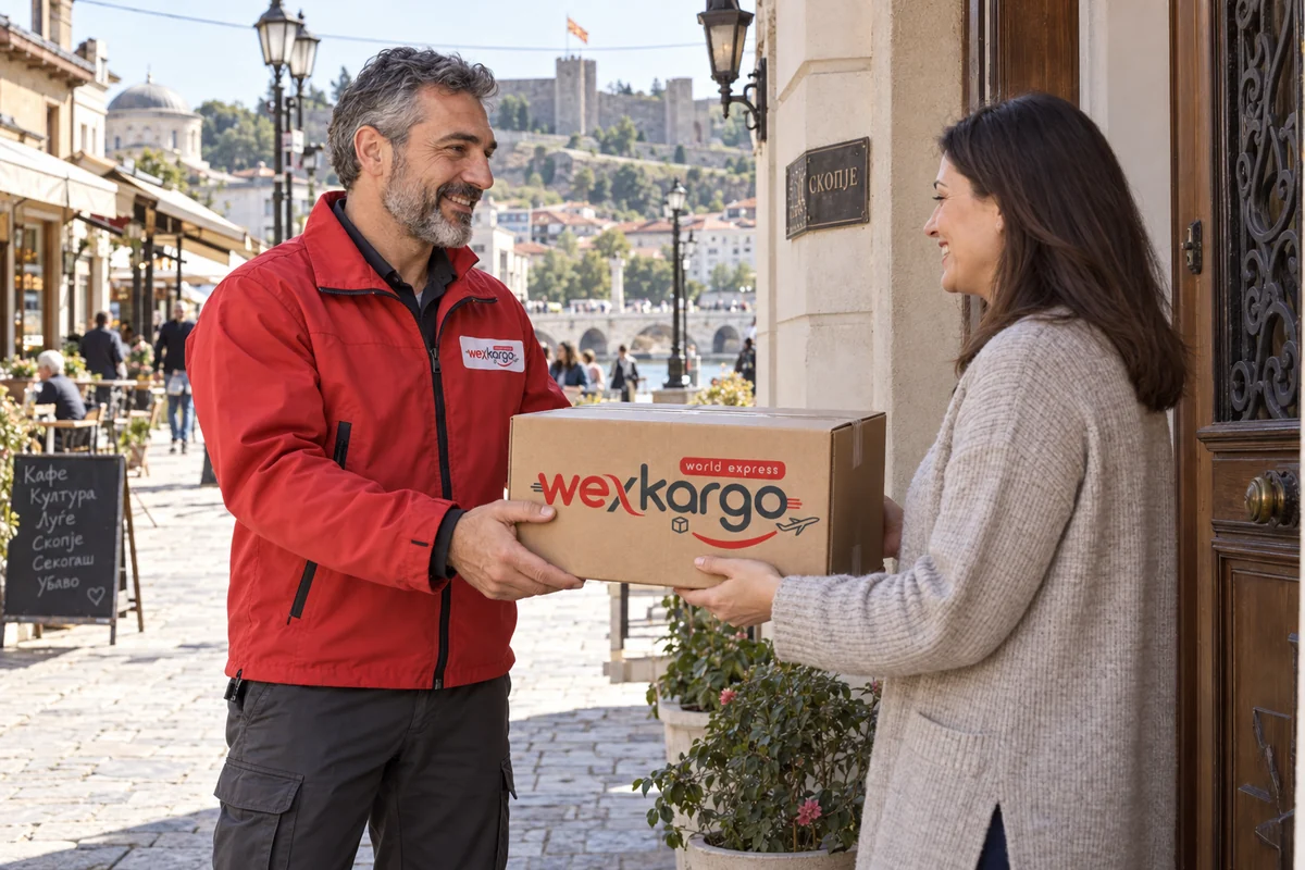 Kuzey Makedonya sokaklarında wexKargo kuryesinin alıcıya koli teslim ettiği teslimat sahnesi