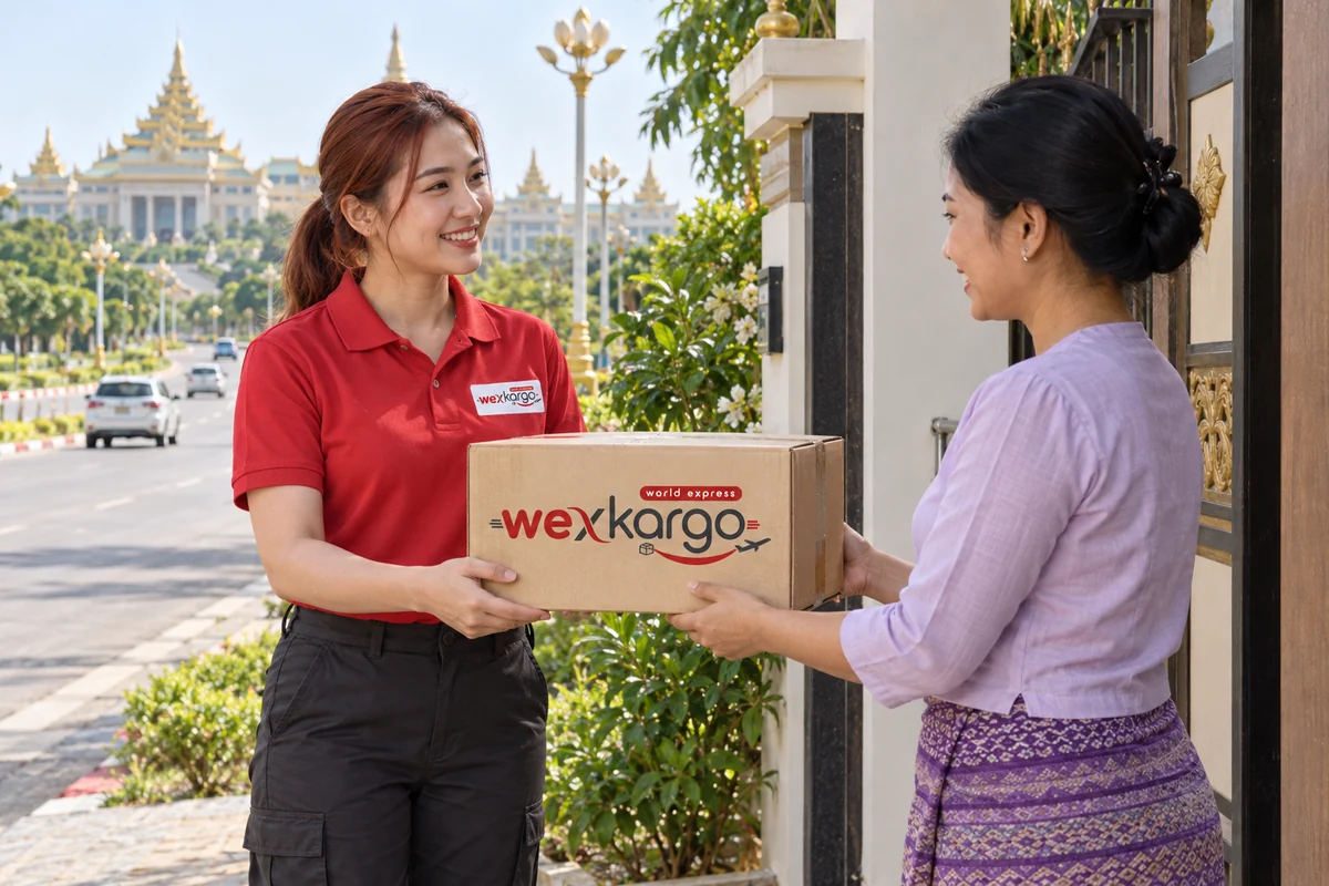 Myanmar (Burma, Birmanya) sokaklarında wexKargo kuryesinin alıcıya koli teslim ettiği teslimat sahnesi