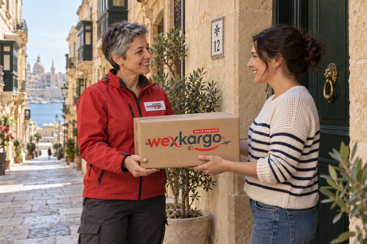 Un mensajero de wexKargo entrega un paquete a su destinatario en una calle de Malta