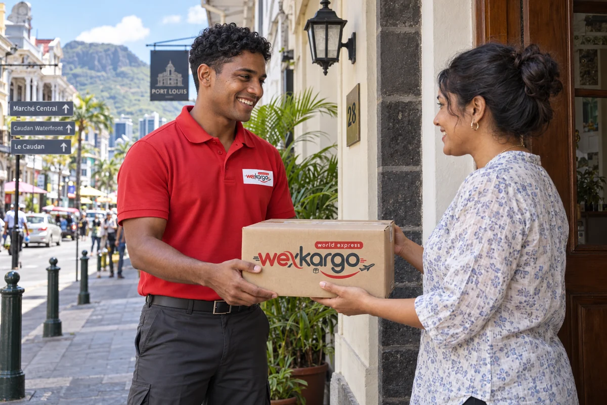 Mauritius sokaklarında wexKargo kuryesinin alıcıya koli teslim ettiği teslimat sahnesi