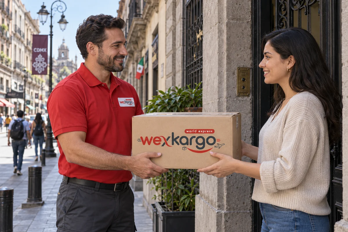 Meksika sokaklarında wexKargo kuryesinin alıcıya koli teslim ettiği teslimat sahnesi