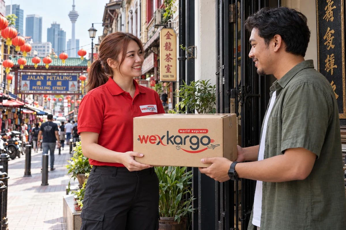 Malezya sokaklarında wexKargo kuryesinin alıcıya koli teslim ettiği teslimat sahnesi