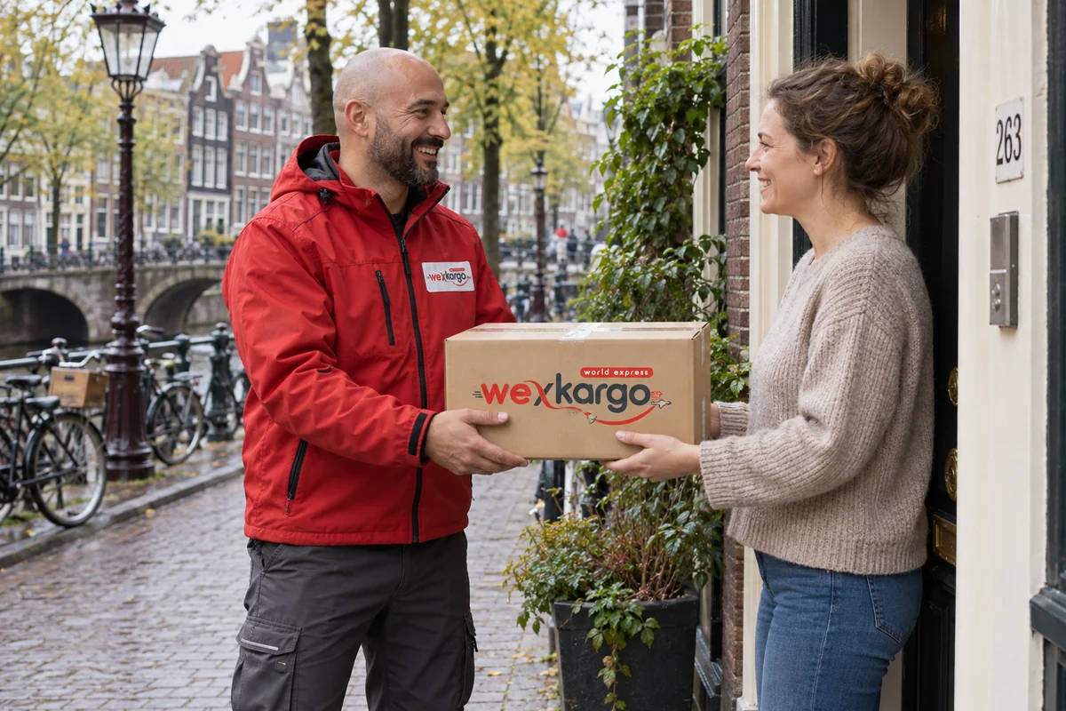 Hollanda sokaklarında wexKargo kuryesinin alıcıya koli teslim ettiği teslimat sahnesi