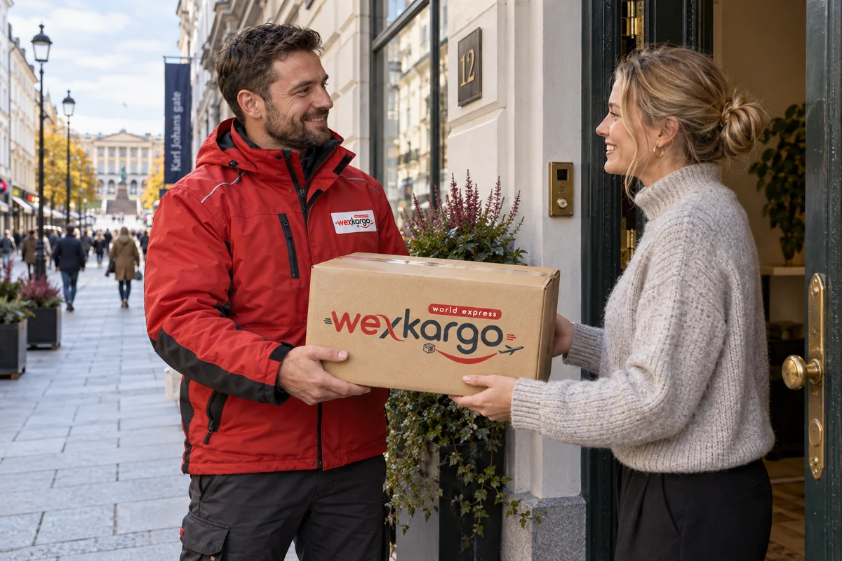 Norveç sokaklarında wexKargo kuryesinin alıcıya koli teslim ettiği teslimat sahnesi