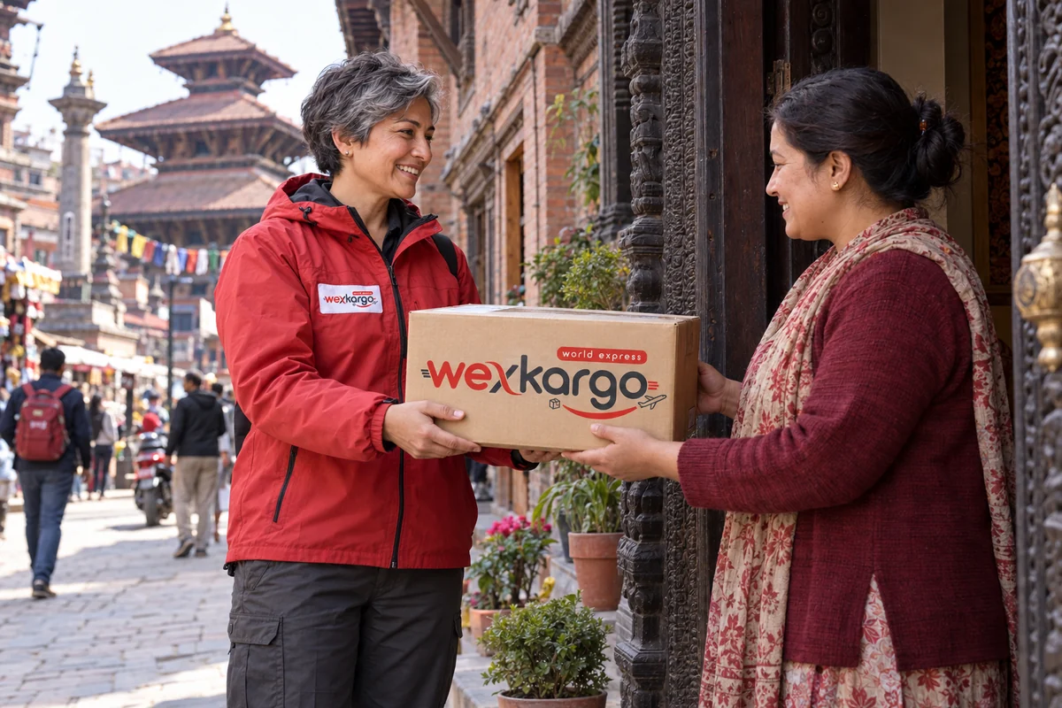 Nepal sokaklarında wexKargo kuryesinin alıcıya koli teslim ettiği teslimat sahnesi