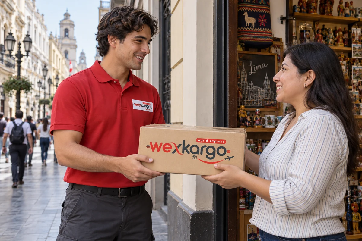 Peru sokaklarında wexKargo kuryesinin alıcıya koli teslim ettiği teslimat sahnesi